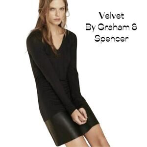 Velvet By Graham & Spencer Black W Vegan Leather Hemline Party Dress NWT Size S